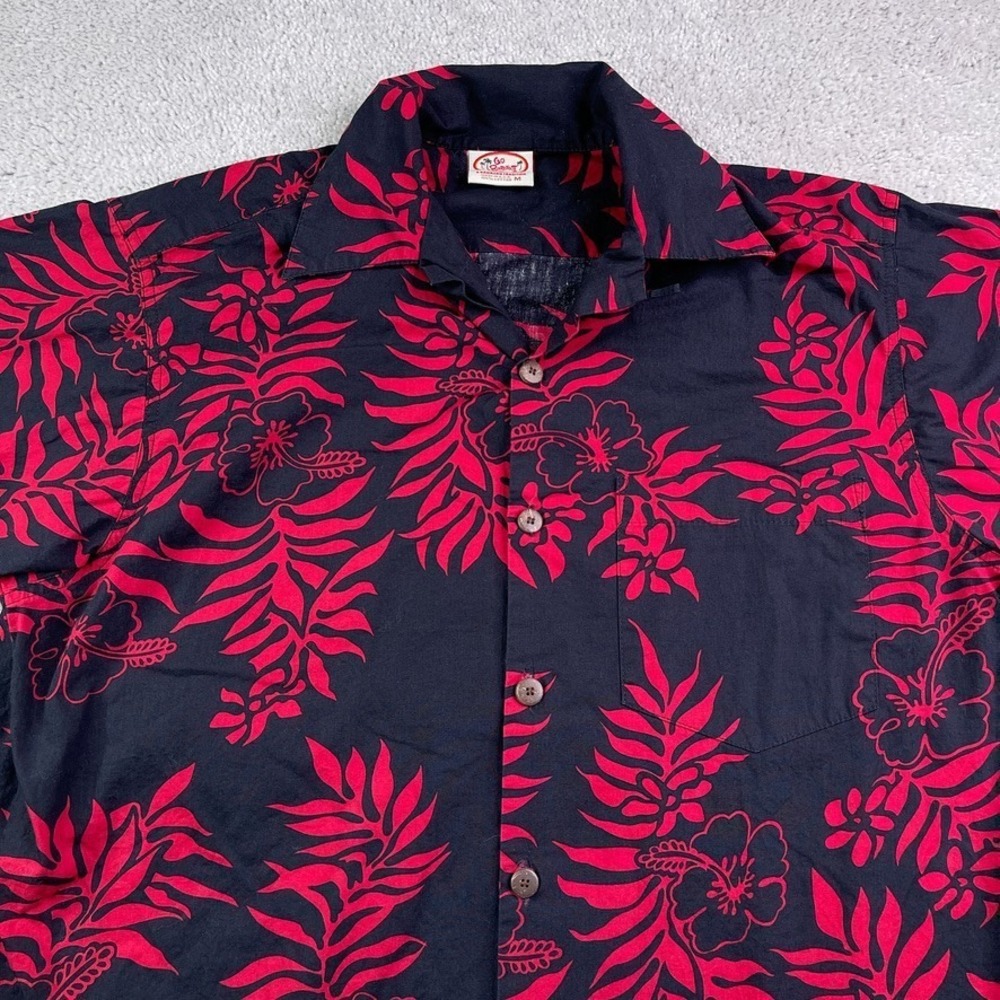 Go Barefoot Hawaiian Shirt Mens Medium Black Red Floral Aloha Luau Loop Collar